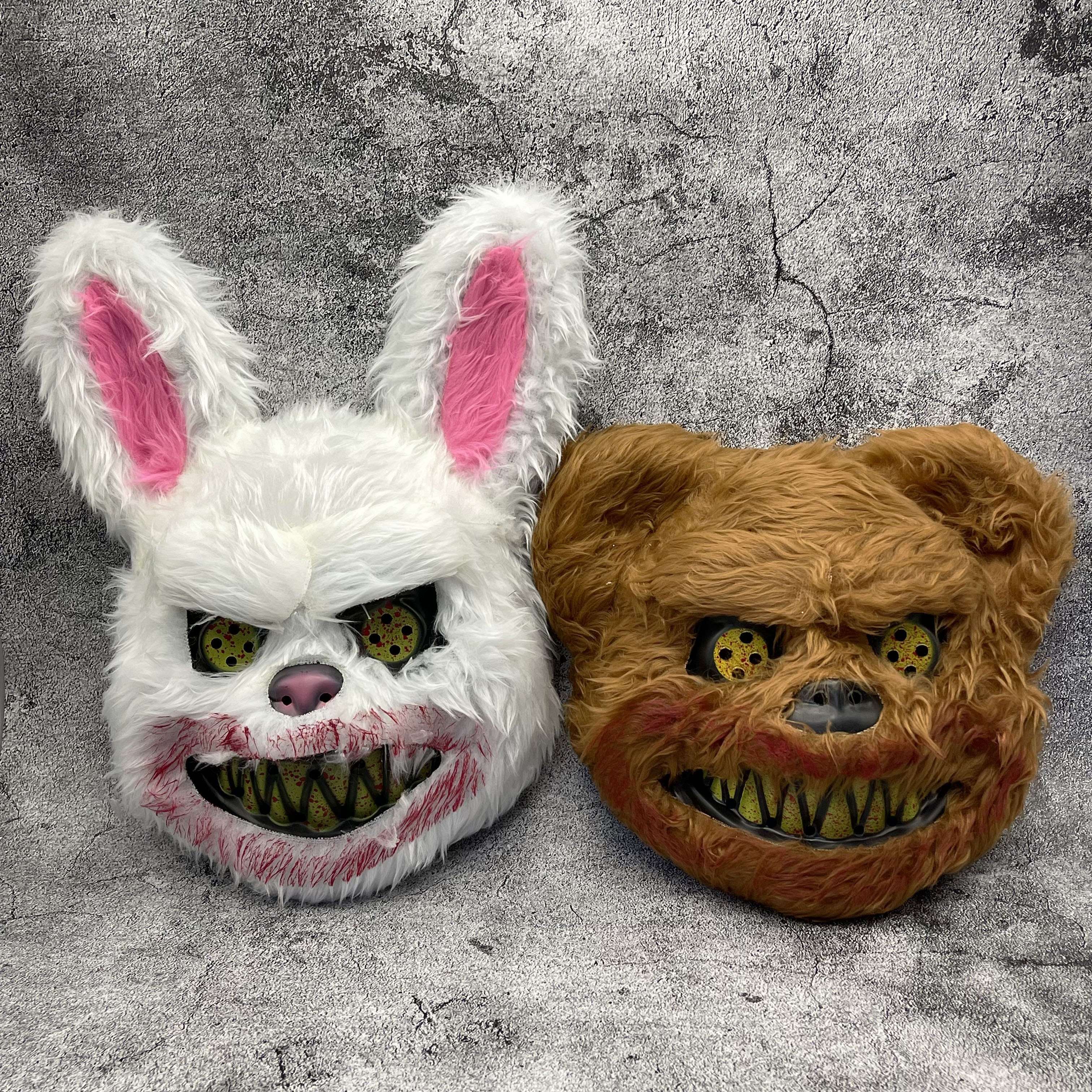 Masque effrayant de lapin ou d'ours pour Halloween en fausse fourrure avec dents ensanglantées, 4 modèles et lots de 2, 