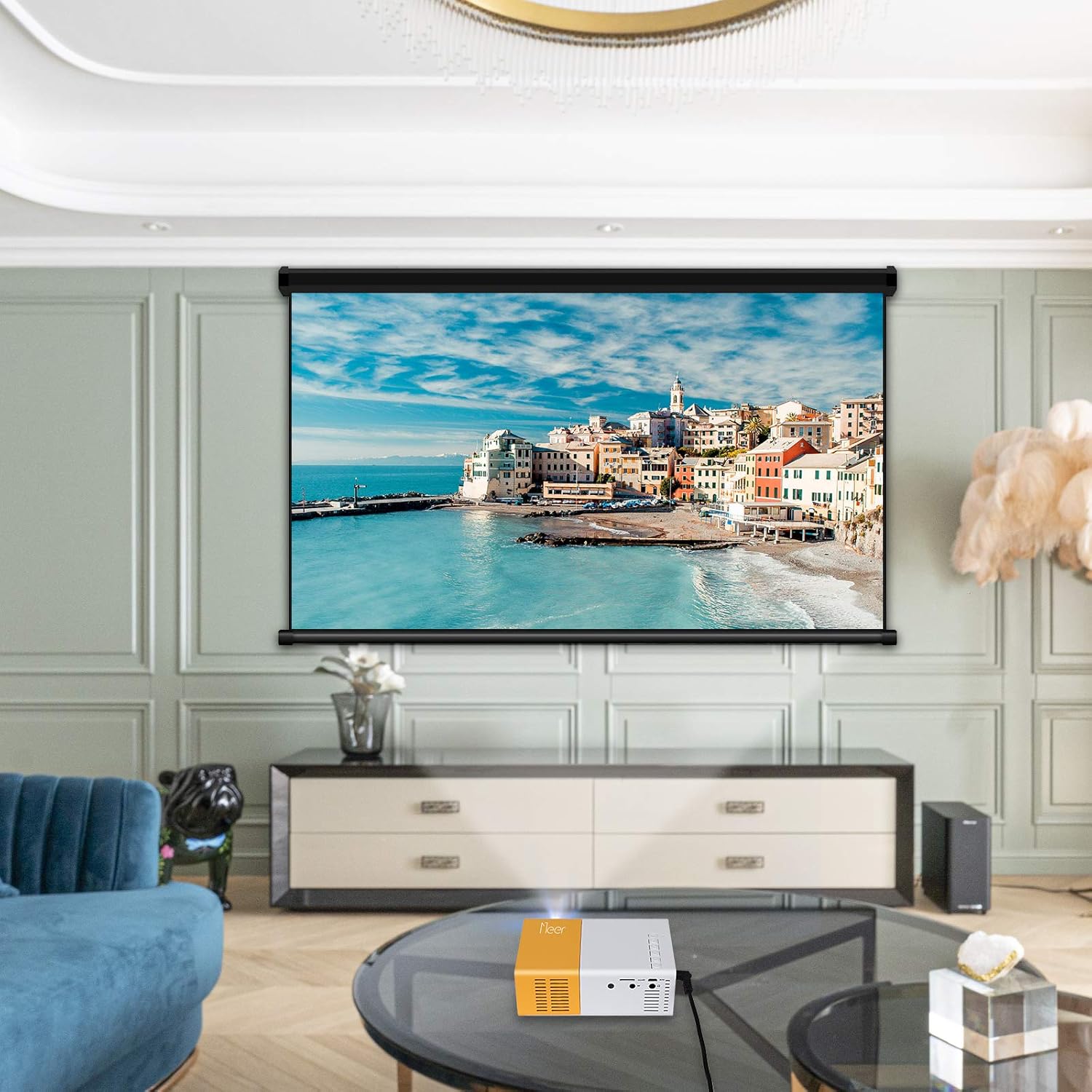 Mini projecteur LED, écran portable 152 cm, HDMI/USB, haut-parleur intégré