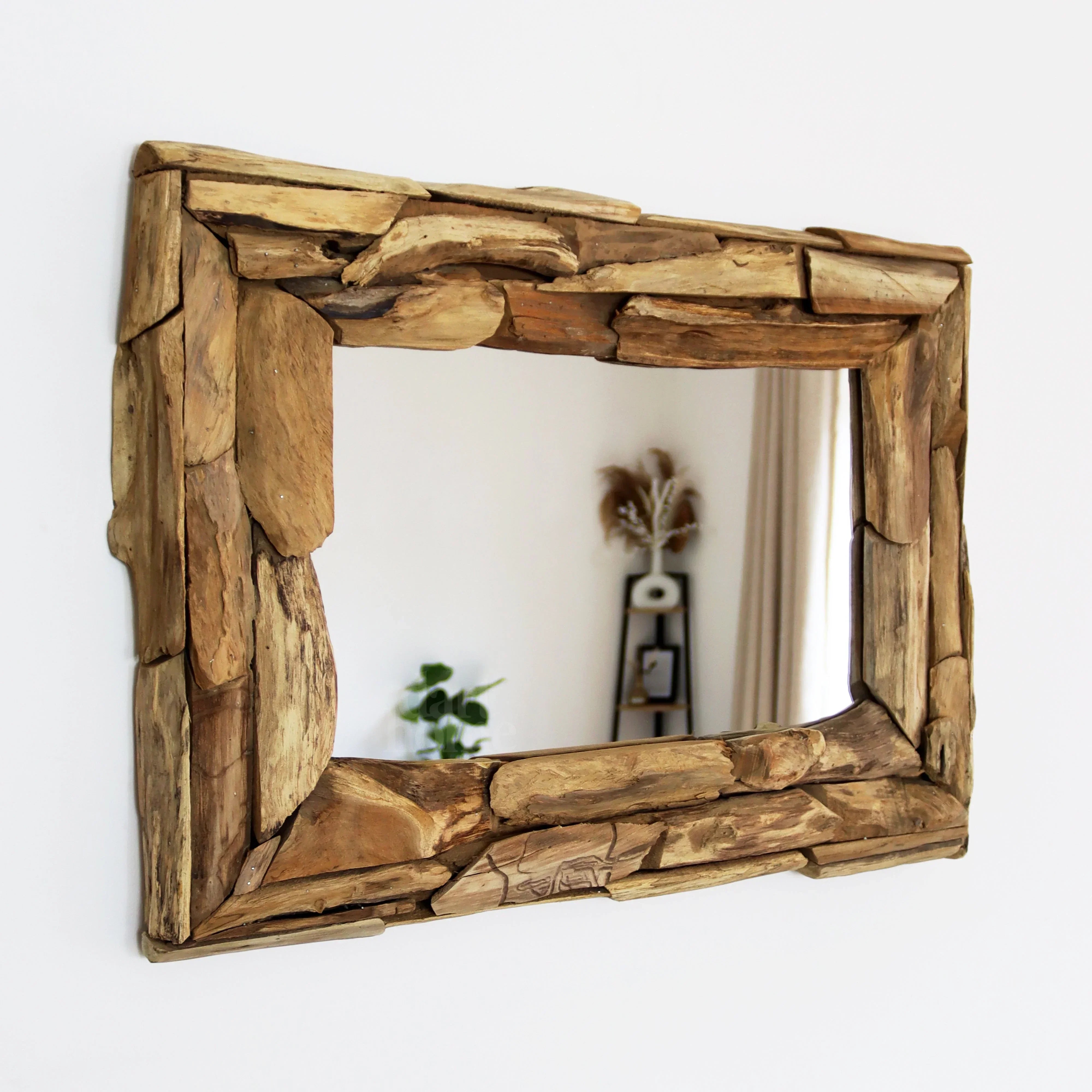 Miroir mural | Cadre en bois de teck recyclé et fixation réversible | 71 × 51 cm
