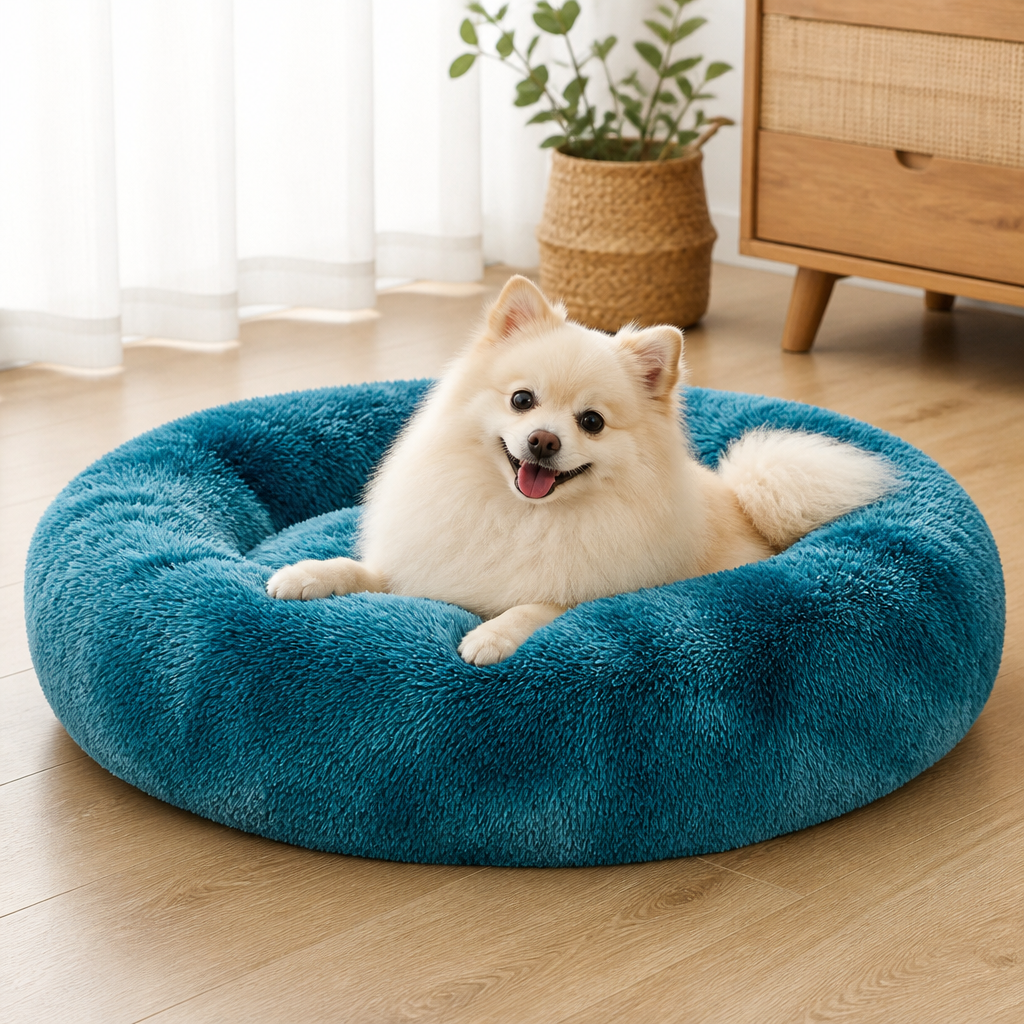 Panier rond tie-dye en peluche à poils longs pour chien