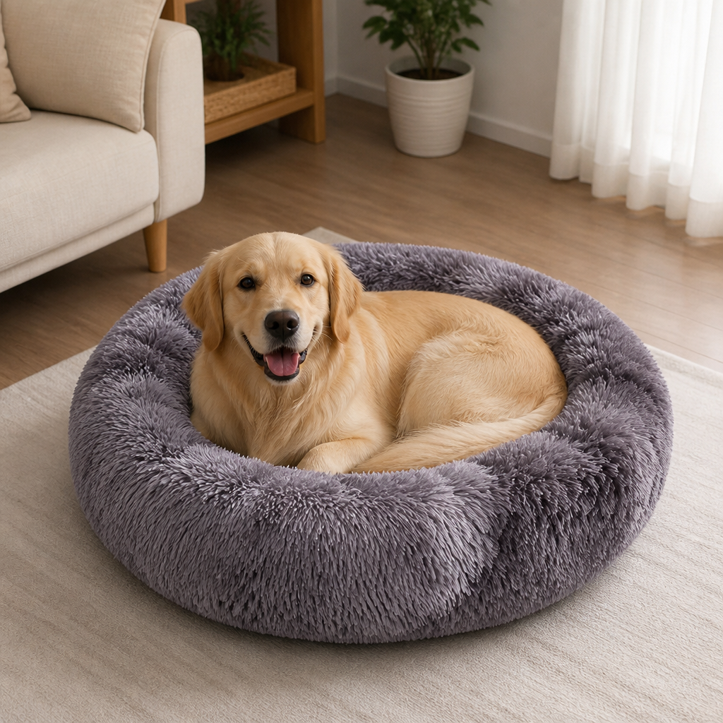 Panier rond tie-dye en peluche à poils longs pour chien