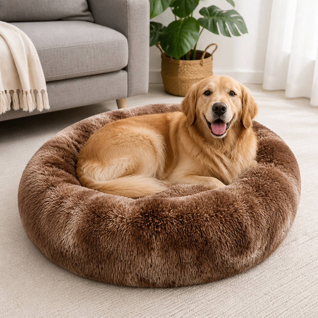 Panier rond tie-dye en peluche à poils longs pour chien