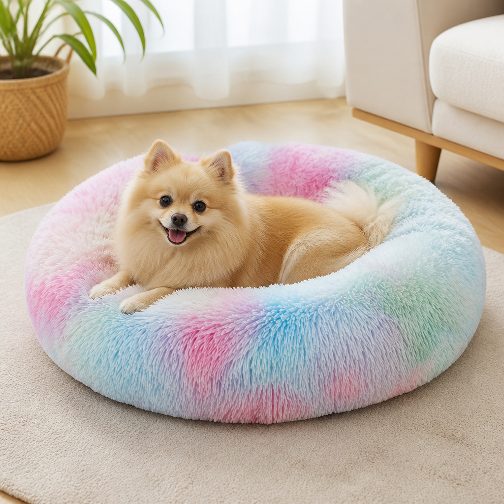 Panier rond tie-dye en peluche à poils longs pour chien