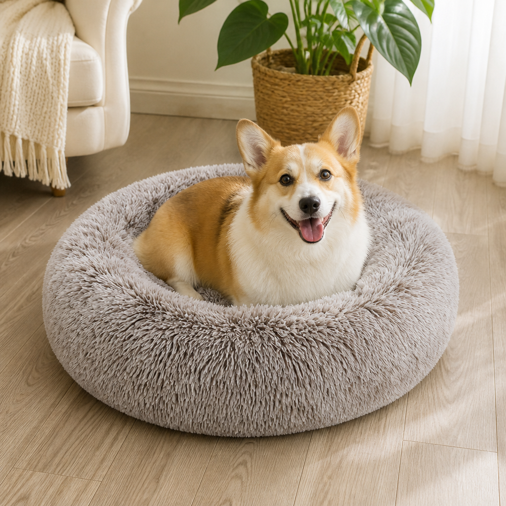 Panier rond tie-dye en peluche à poils longs pour chien