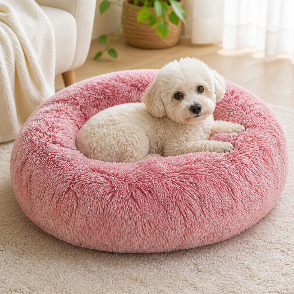 Panier rond tie-dye en peluche à poils longs pour chien