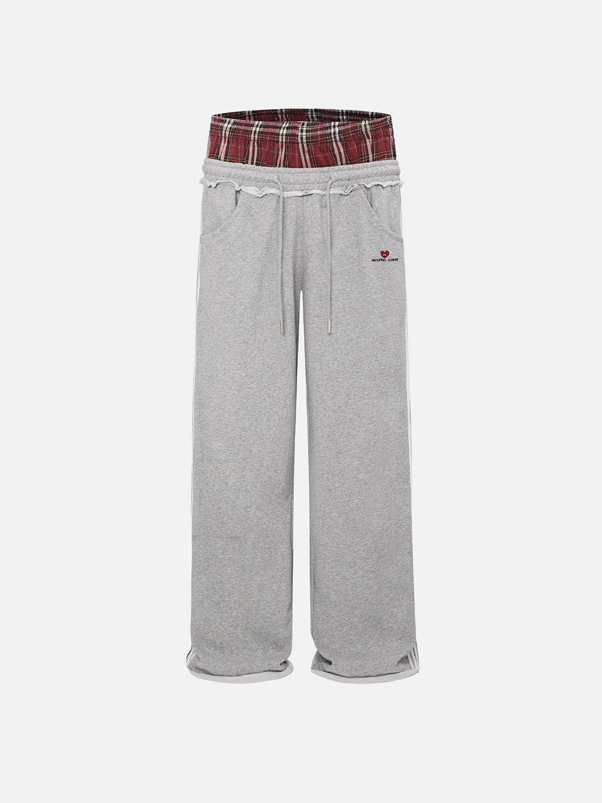 Pantalon de jogging femme à jambes larges, double ceinture, détail patchwork à carreaux