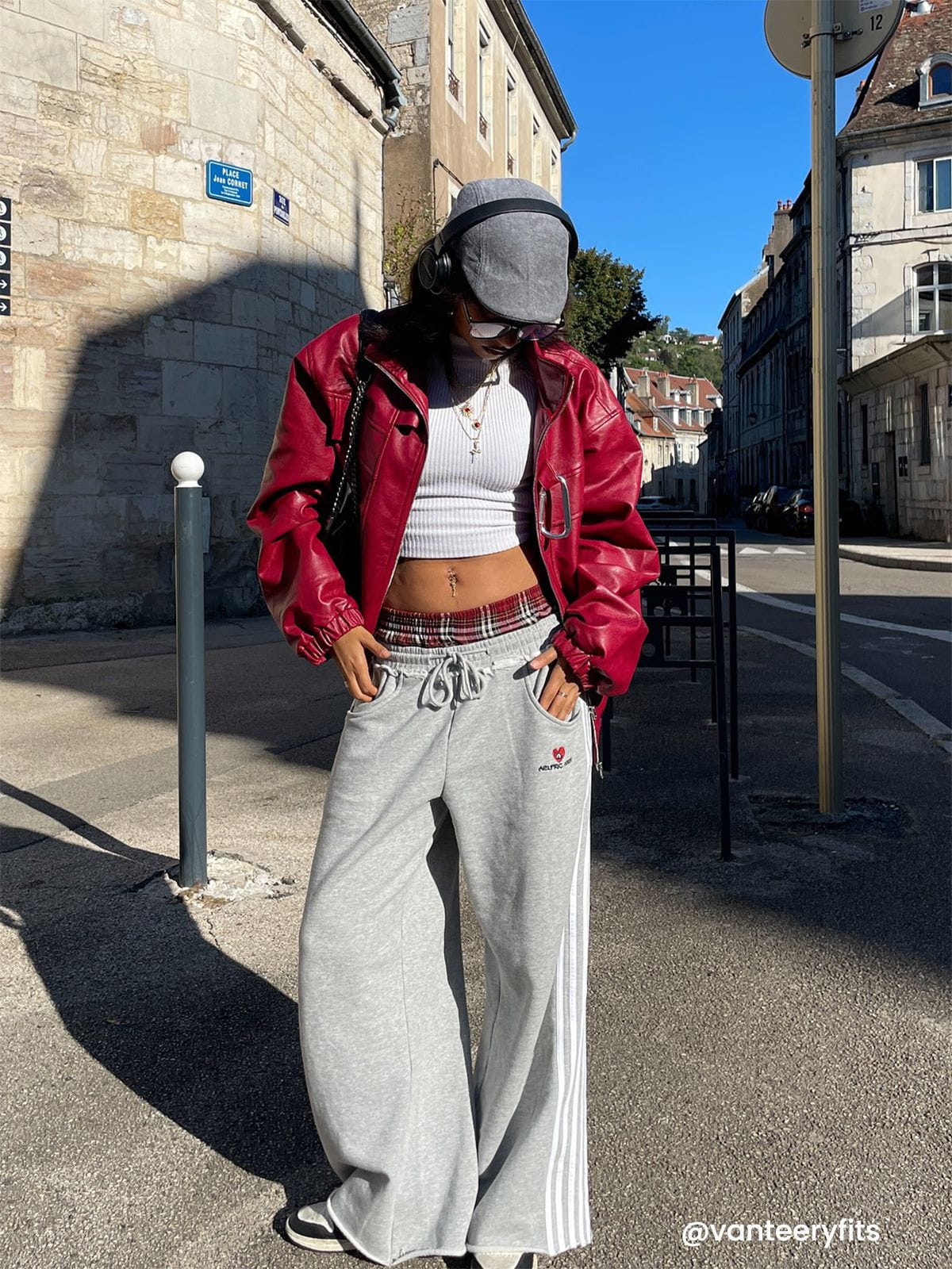 Pantalon de jogging femme à jambes larges, double ceinture, détail patchwork à carreaux