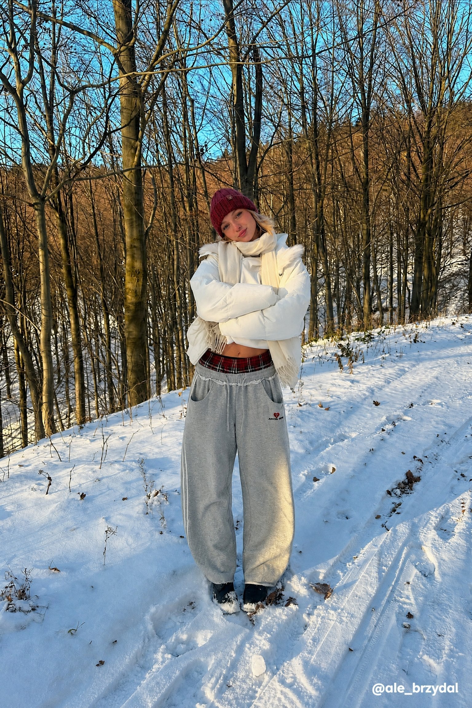 Pantalon de jogging femme à jambes larges, double ceinture, détail patchwork à carreaux