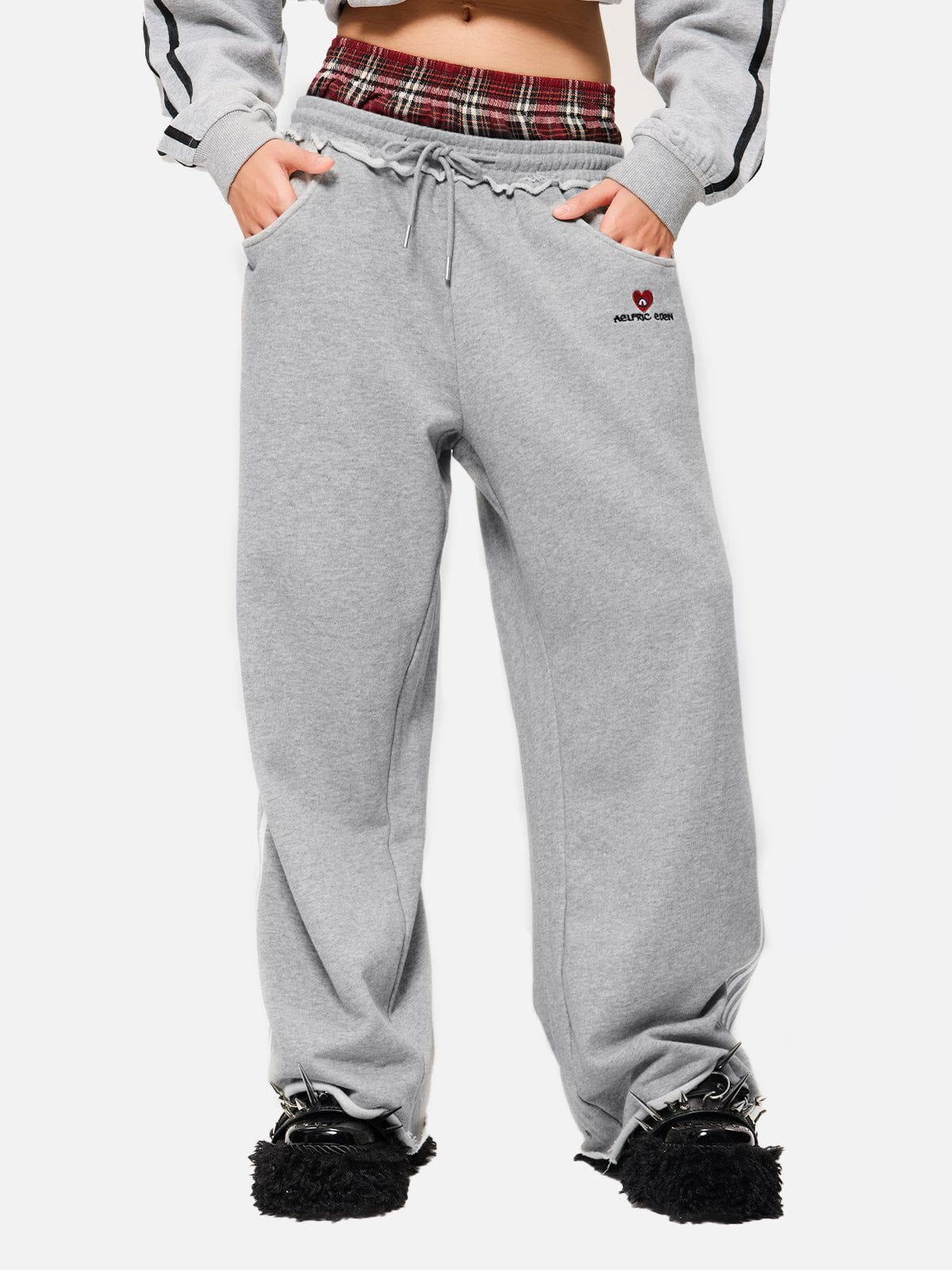 Pantalon de jogging femme à jambes larges, double ceinture, détail patchwork à carreaux