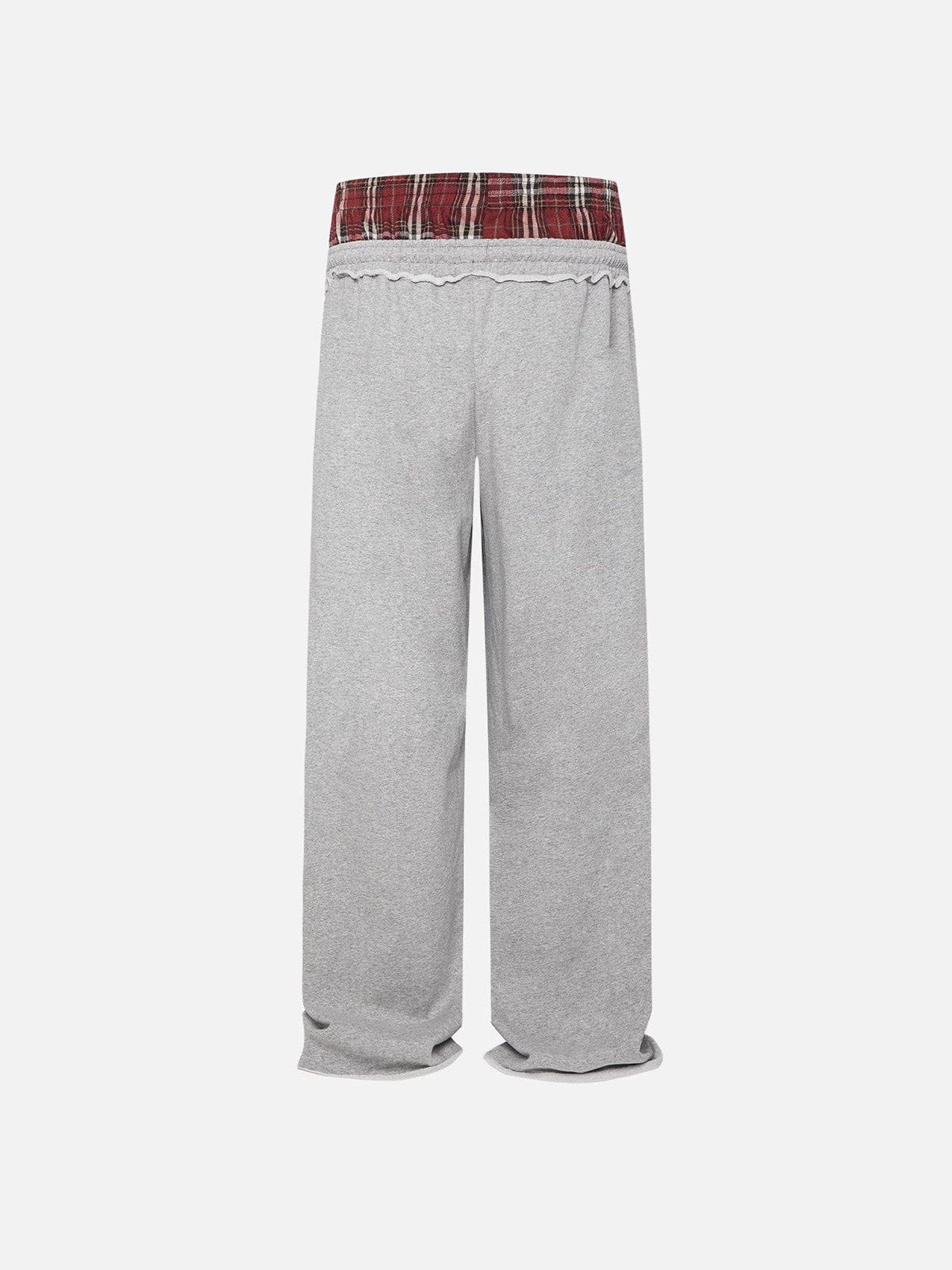 Pantalon de jogging femme à jambes larges, double ceinture, détail patchwork à carreaux