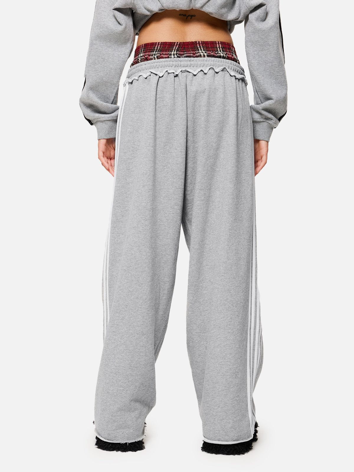 Pantalon de jogging femme à jambes larges, double ceinture, détail patchwork à carreaux