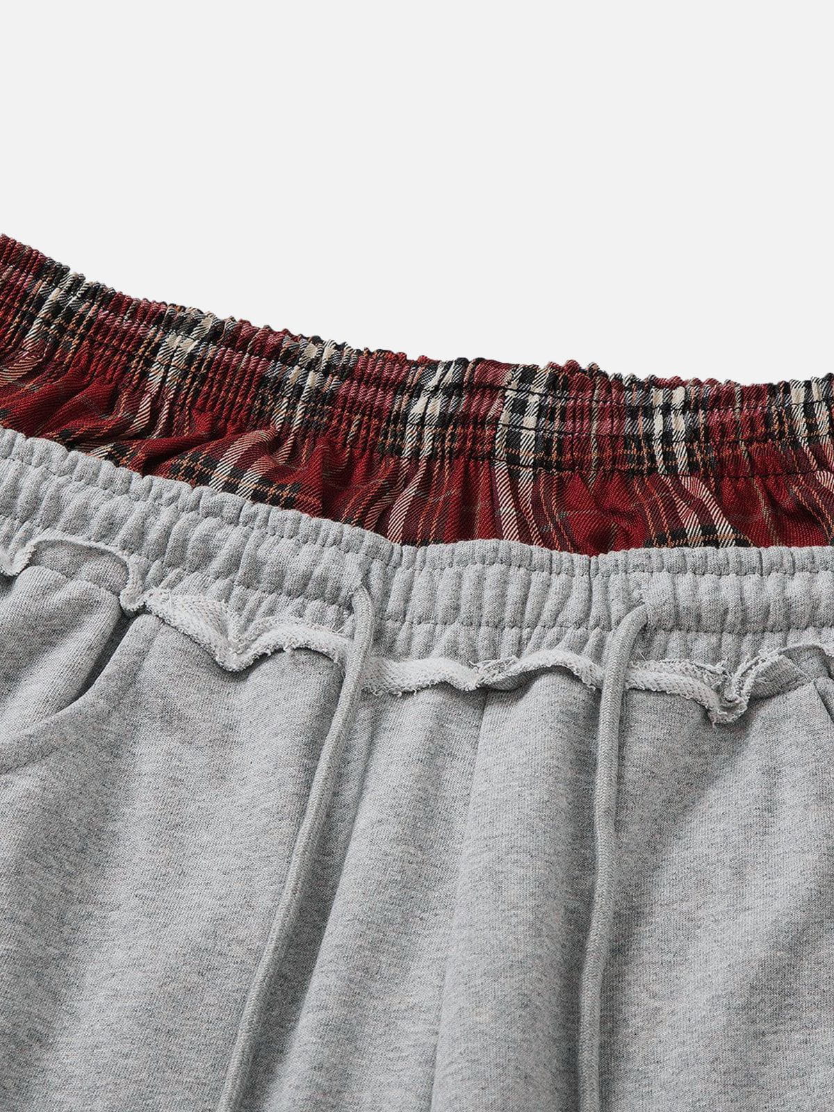 Pantalon de jogging femme à jambes larges, double ceinture, détail patchwork à carreaux