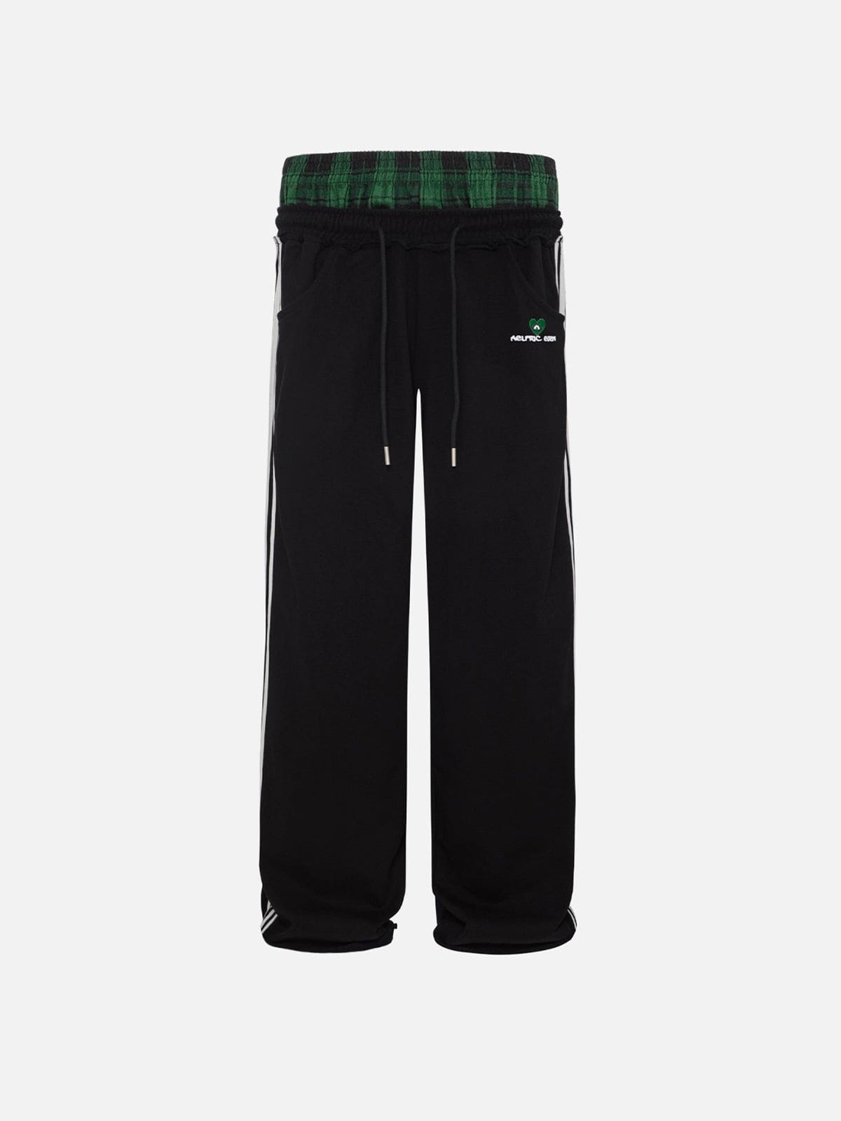 Pantalon de jogging femme à jambes larges, double ceinture, détail patchwork à carreaux
