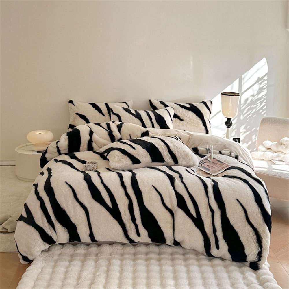 Parure de lit unisexe en fausse fourrure duveteuse motif zèbre
