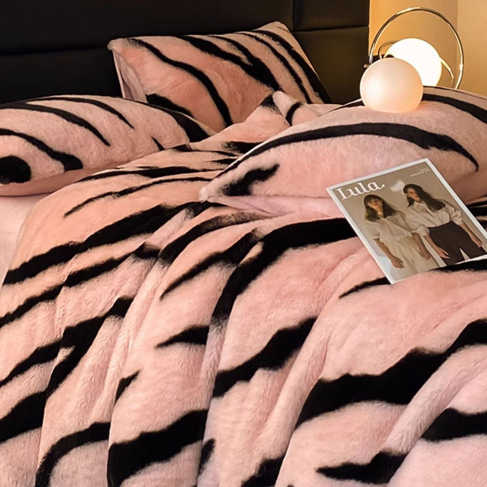 Parure de lit unisexe en fausse fourrure duveteuse motif zèbre