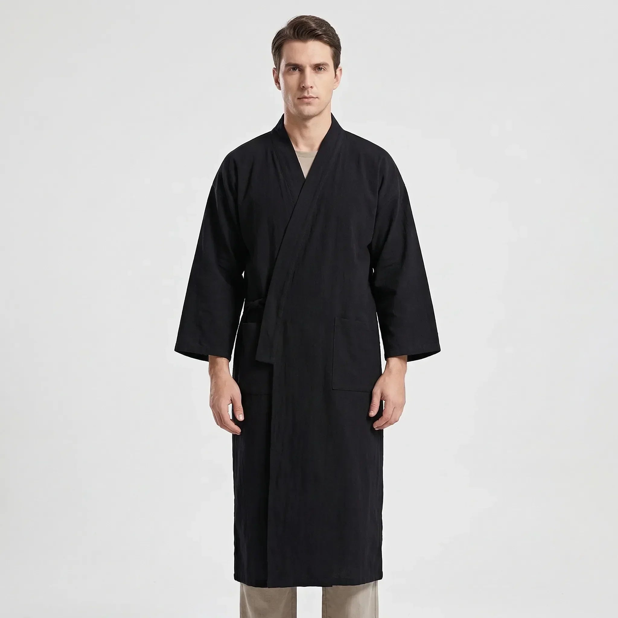 Peignoir homme style kimono, tissu léger et respirant, ceinture ajustable