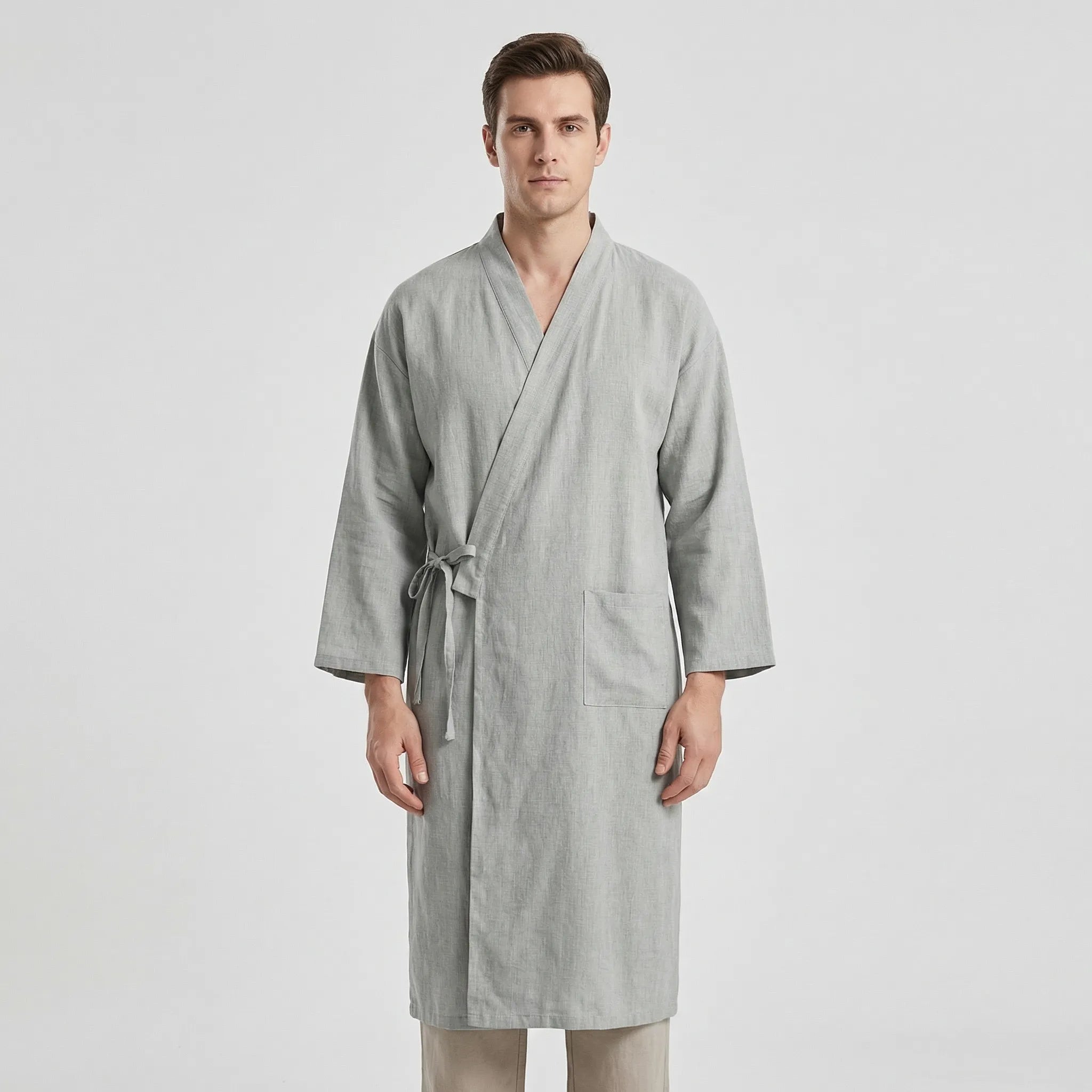 Peignoir homme style kimono, tissu léger et respirant, ceinture ajustable