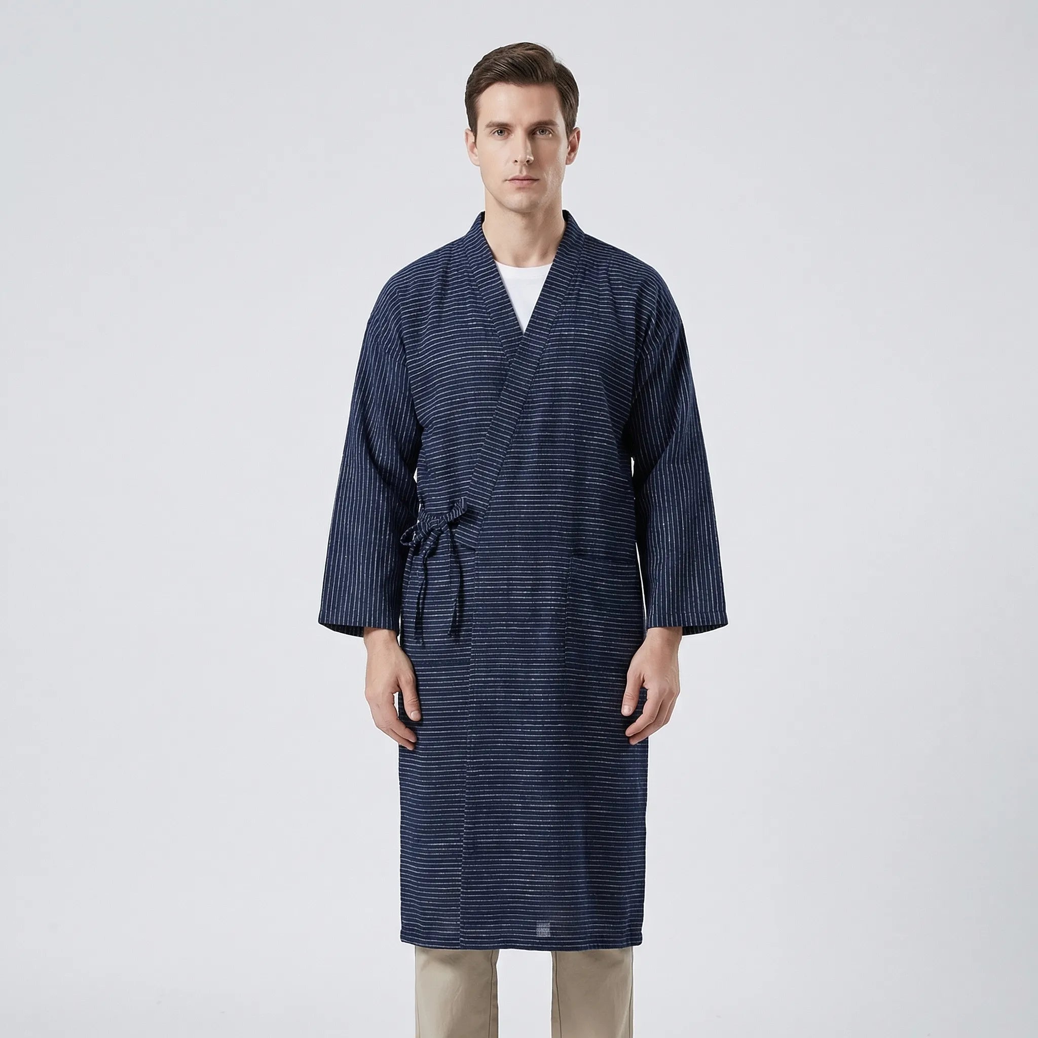 Peignoir homme style kimono, tissu léger et respirant, ceinture ajustable