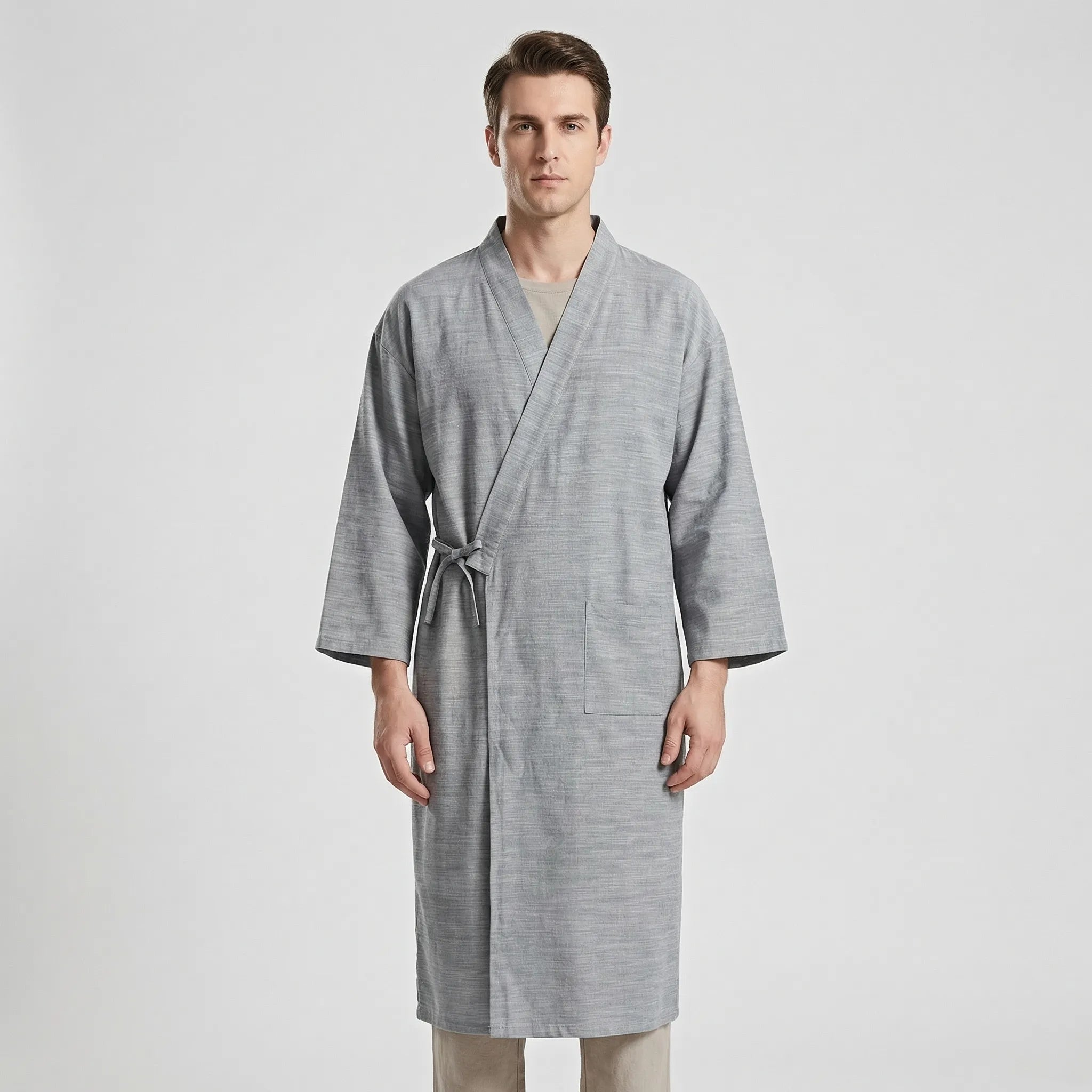 Peignoir homme style kimono, tissu léger et respirant, ceinture ajustable