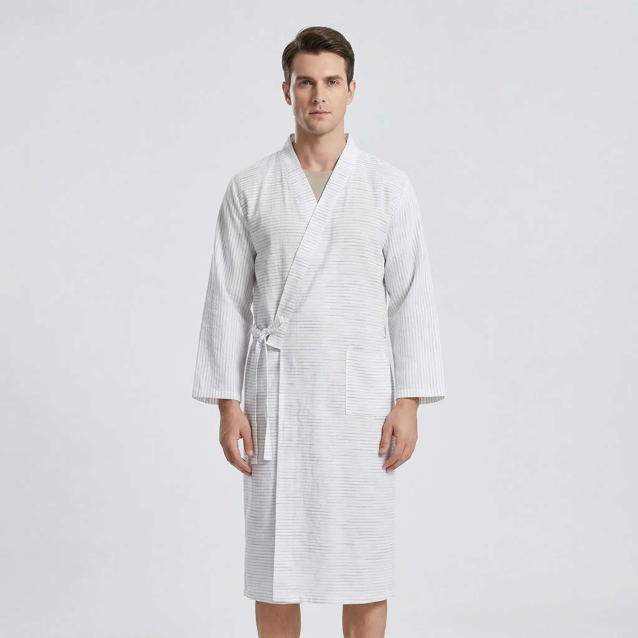 Peignoir homme style kimono, tissu léger et respirant, ceinture ajustable