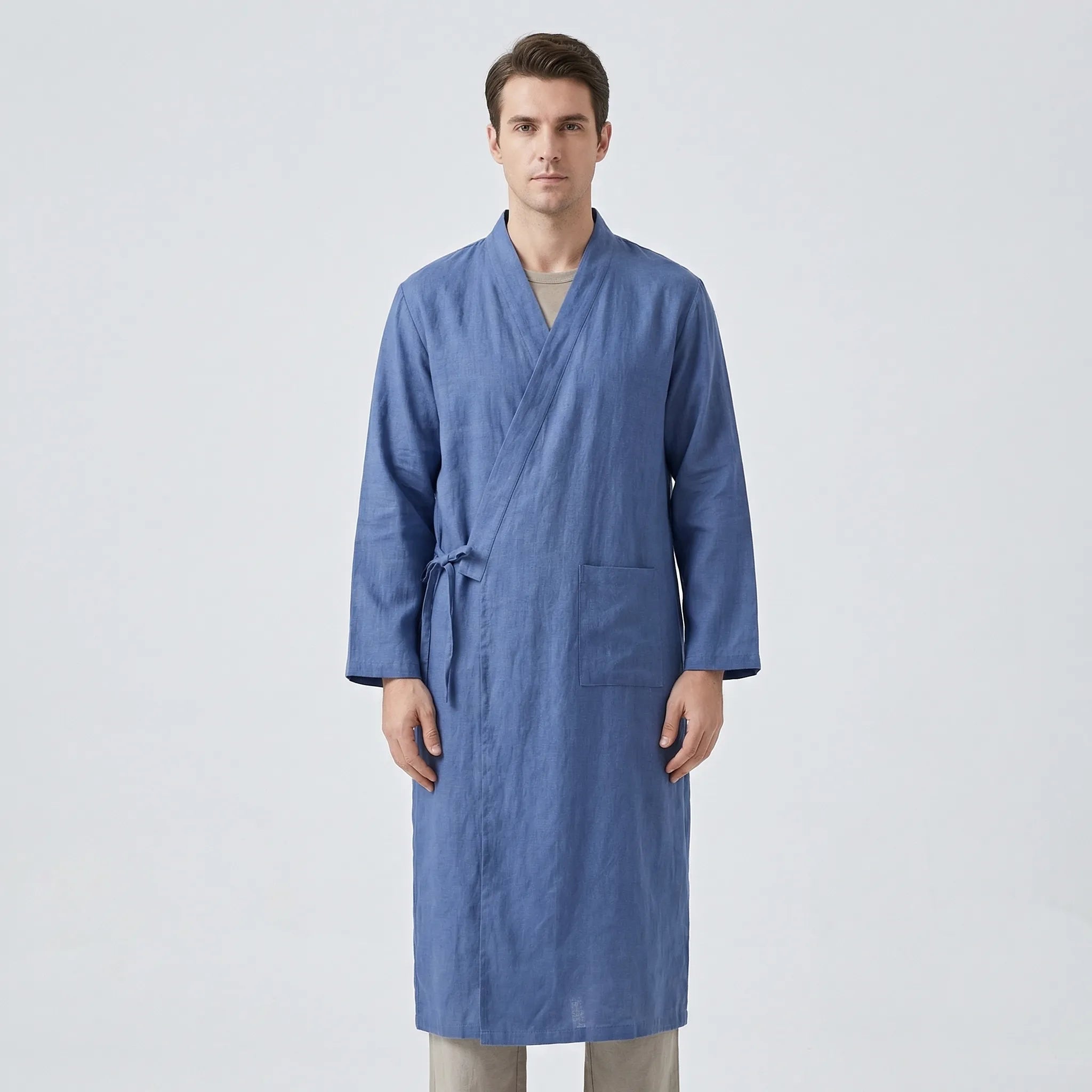 Peignoir homme style kimono, tissu léger et respirant, ceinture ajustable