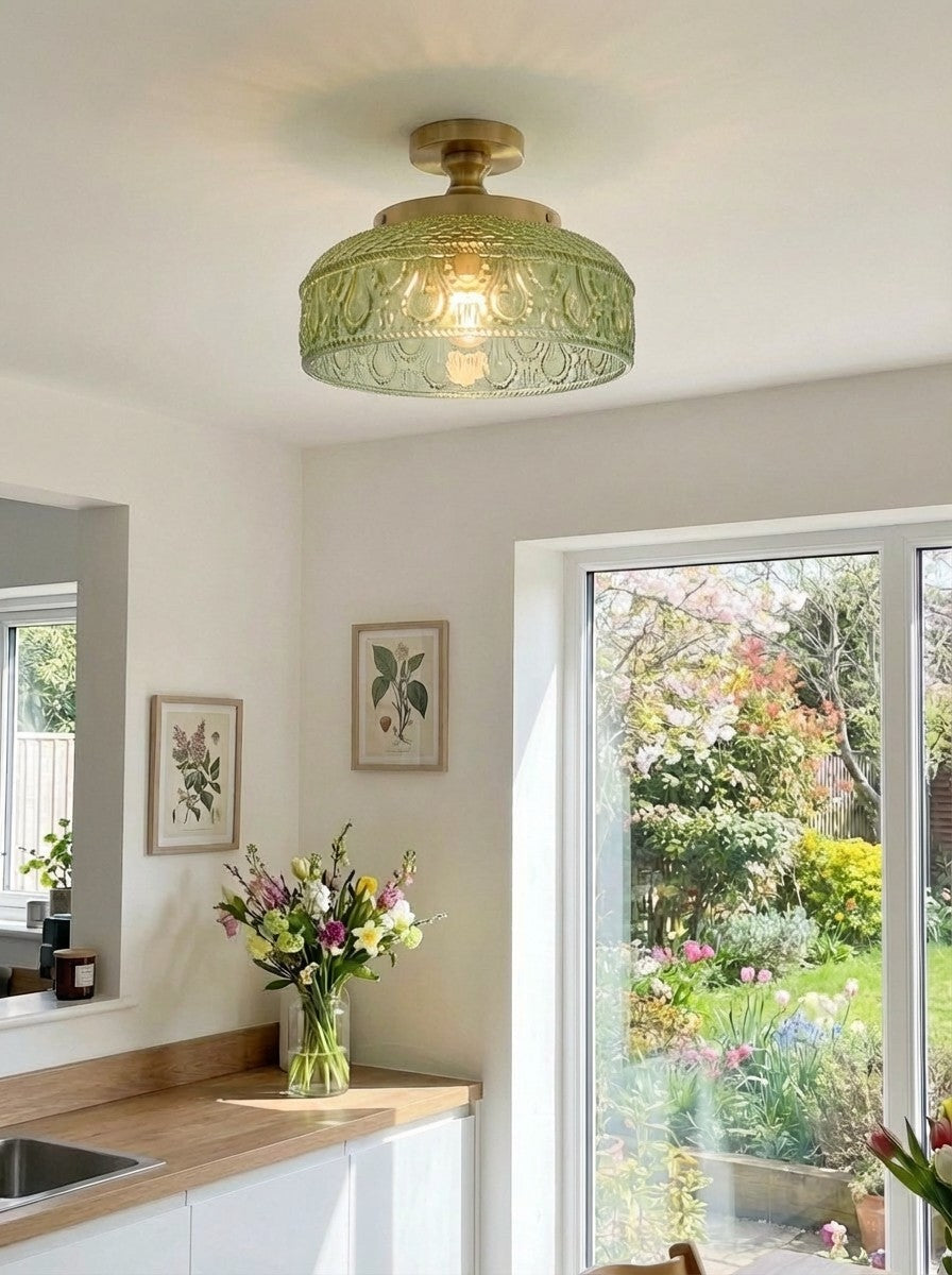 Plafonnier en verre côtelé avec fixation en métal | Éclairage minimaliste pour chambre et couloir