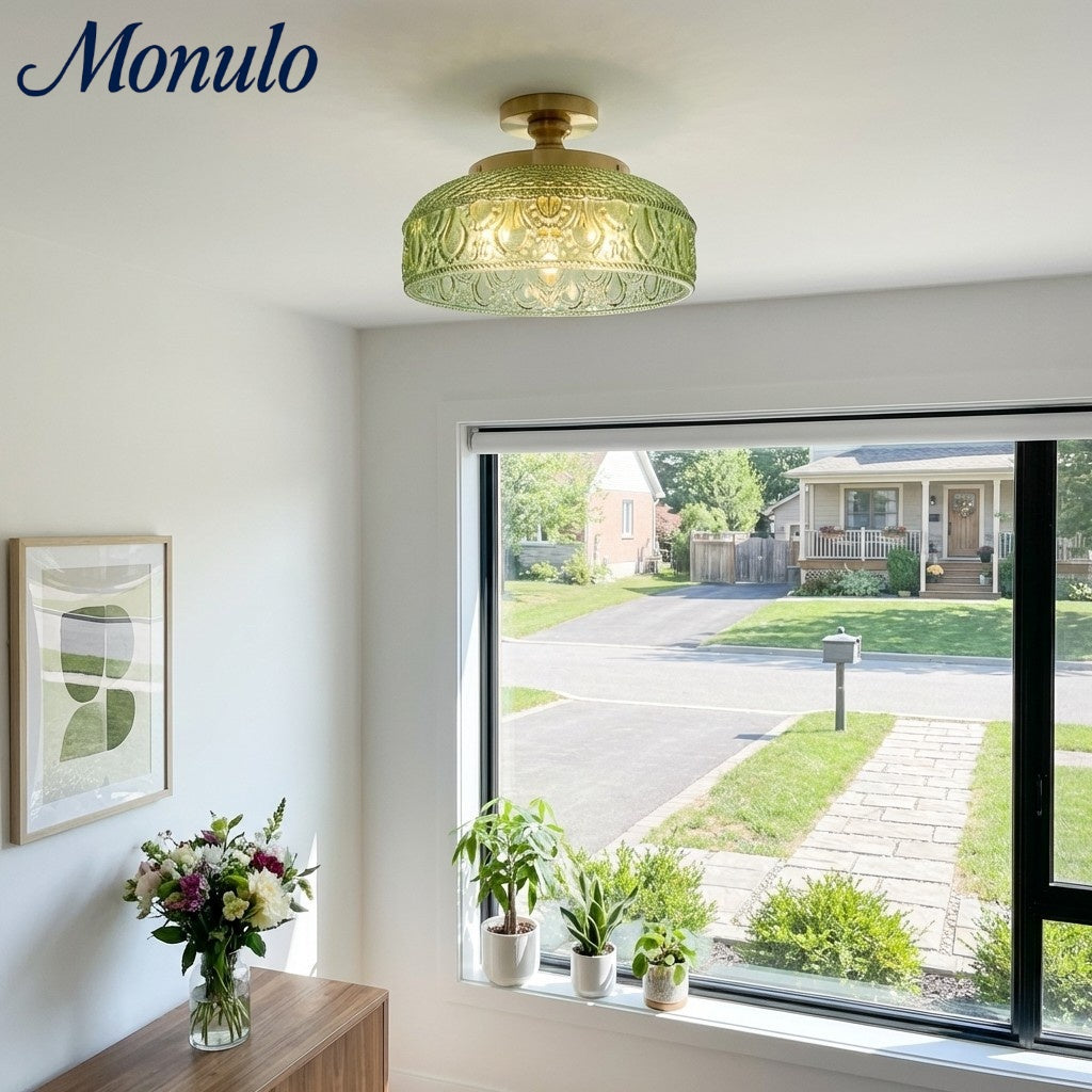 Plafonnier en verre côtelé avec fixation en métal | Éclairage minimaliste pour chambre et couloir