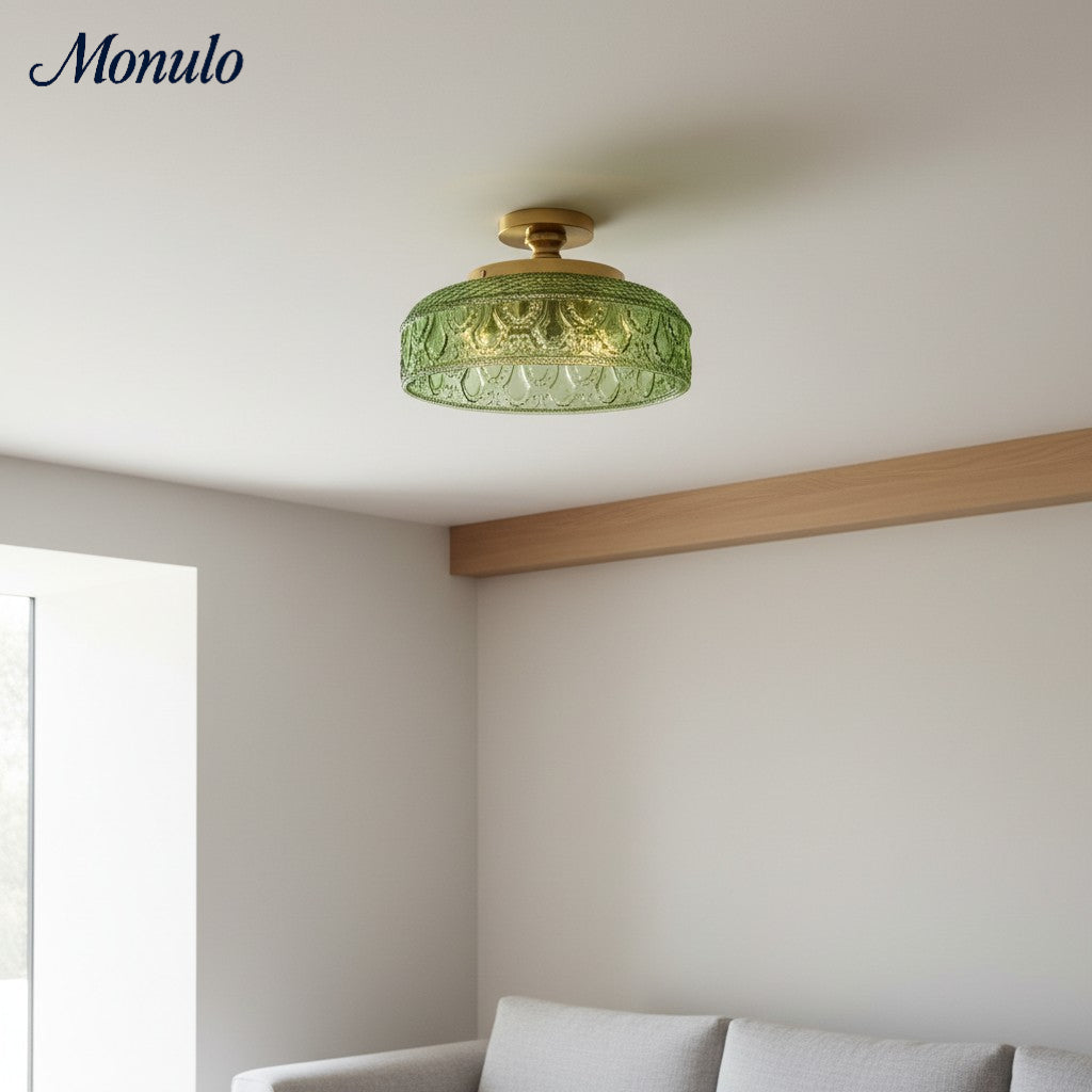 Plafonnier en verre côtelé avec fixation en métal | Éclairage minimaliste pour chambre et couloir