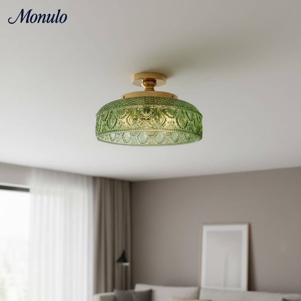 Plafonnier en verre côtelé avec fixation en métal | Éclairage minimaliste pour chambre et couloir