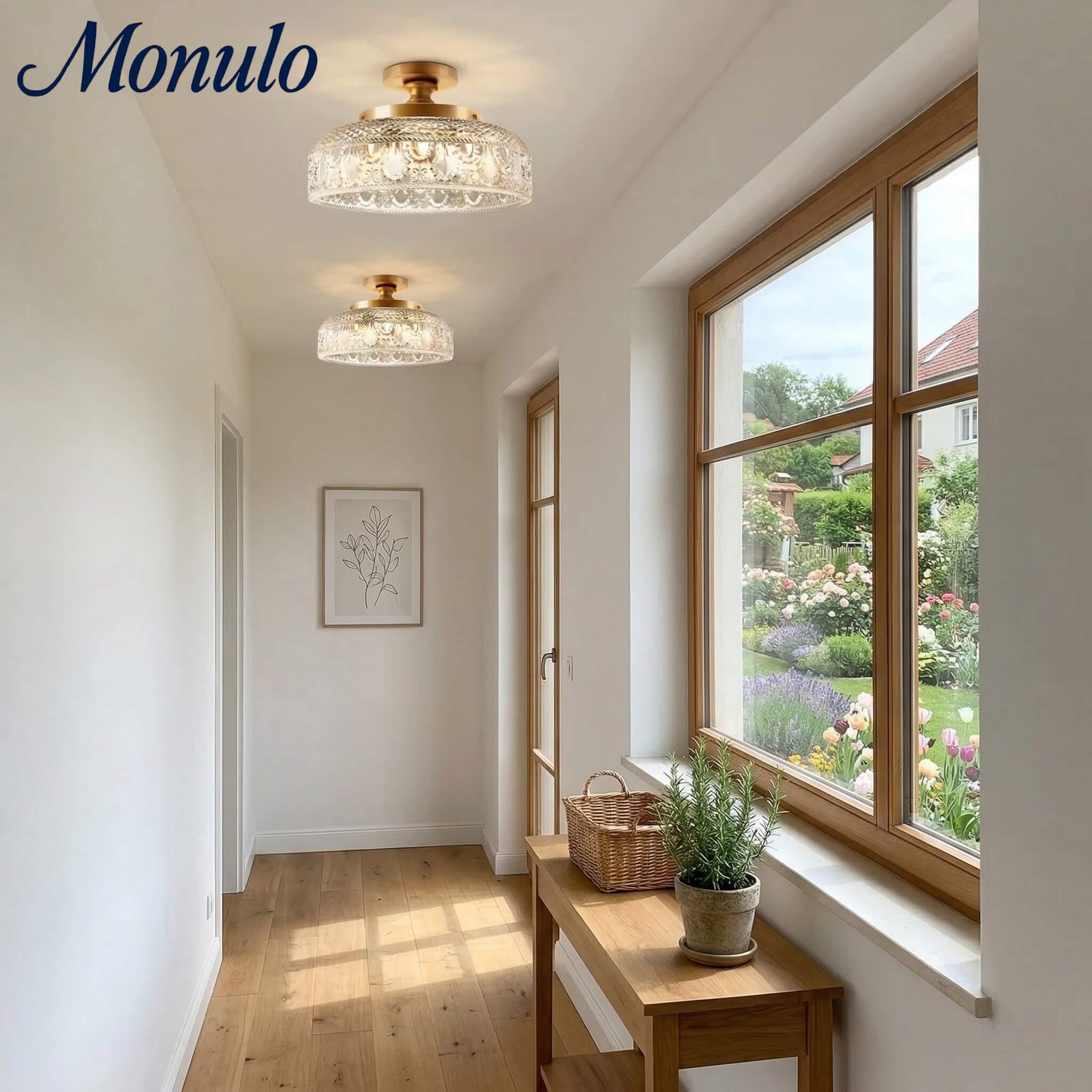 Plafonnier en verre côtelé avec fixation en métal | Éclairage minimaliste pour chambre et couloir