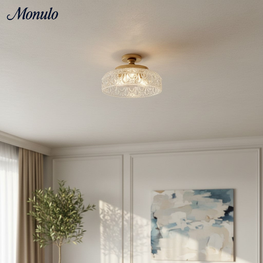 Plafonnier en verre côtelé avec fixation en métal | Éclairage minimaliste pour chambre et couloir