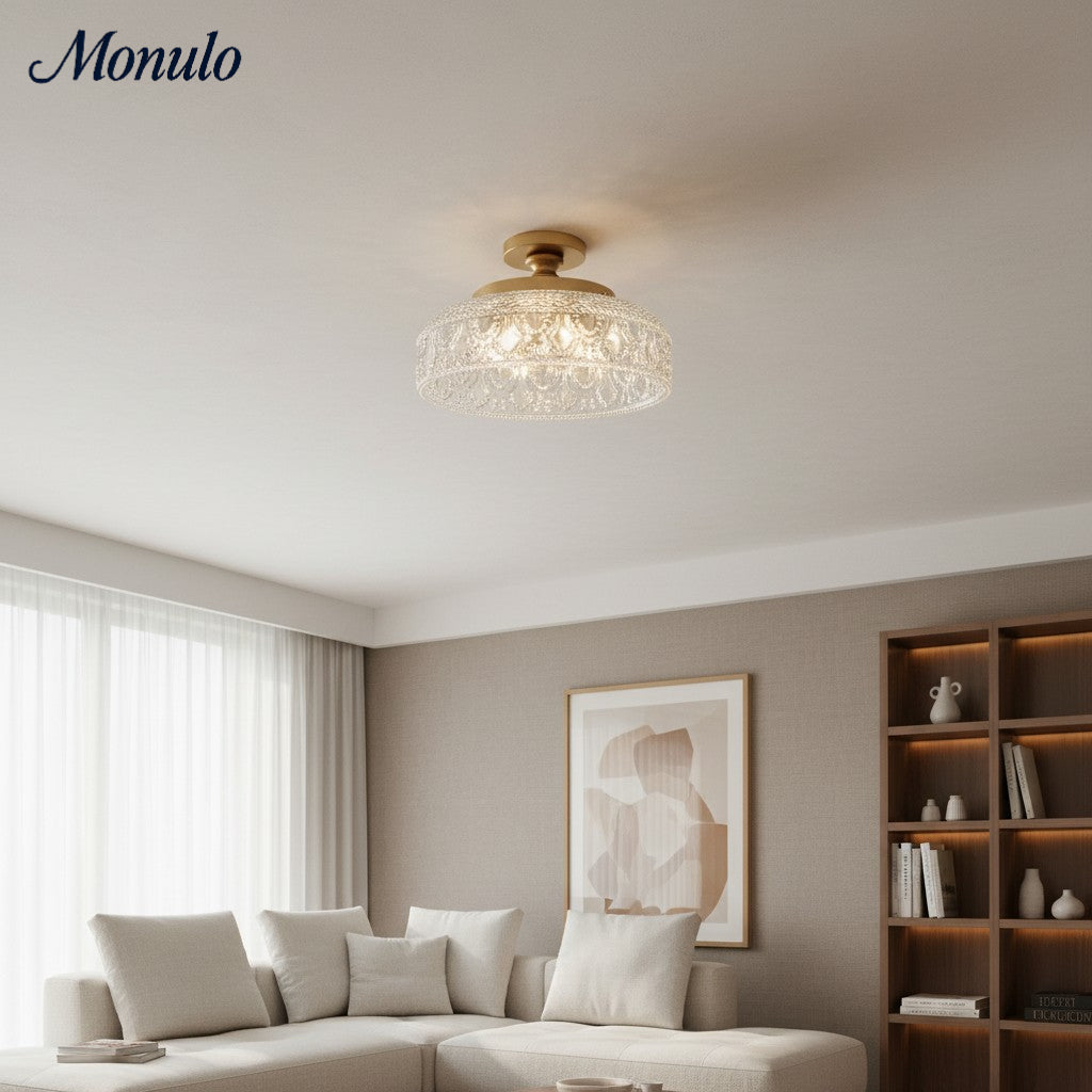 Plafonnier en verre côtelé avec fixation en métal | Éclairage minimaliste pour chambre et couloir