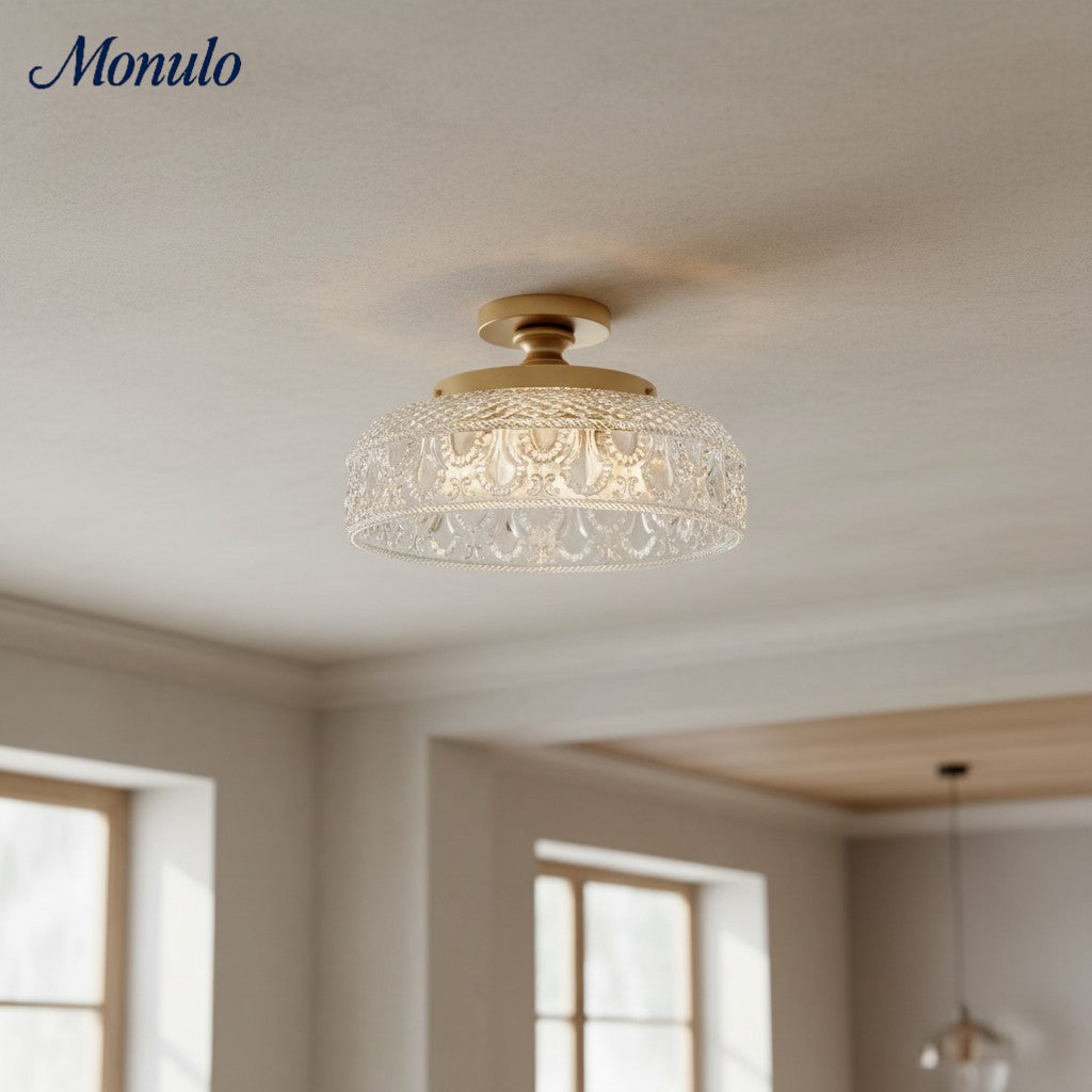 Plafonnier en verre côtelé avec fixation en métal | Éclairage minimaliste pour chambre et couloir