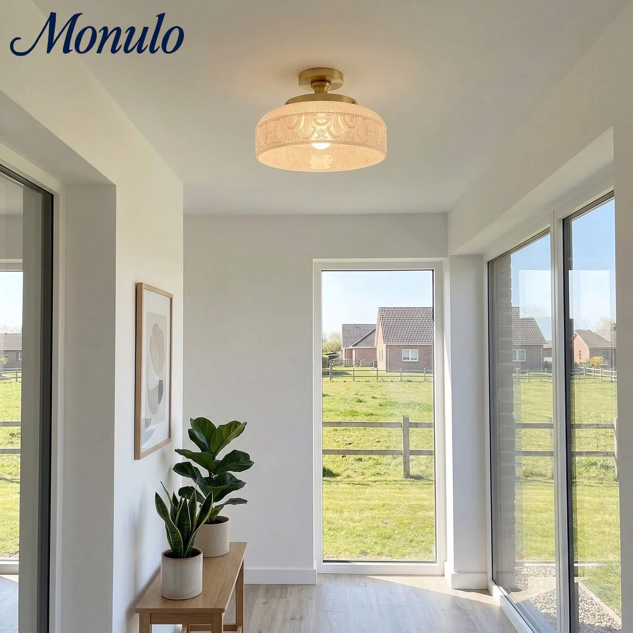 Plafonnier en verre côtelé avec fixation en métal | Éclairage minimaliste pour chambre et couloir