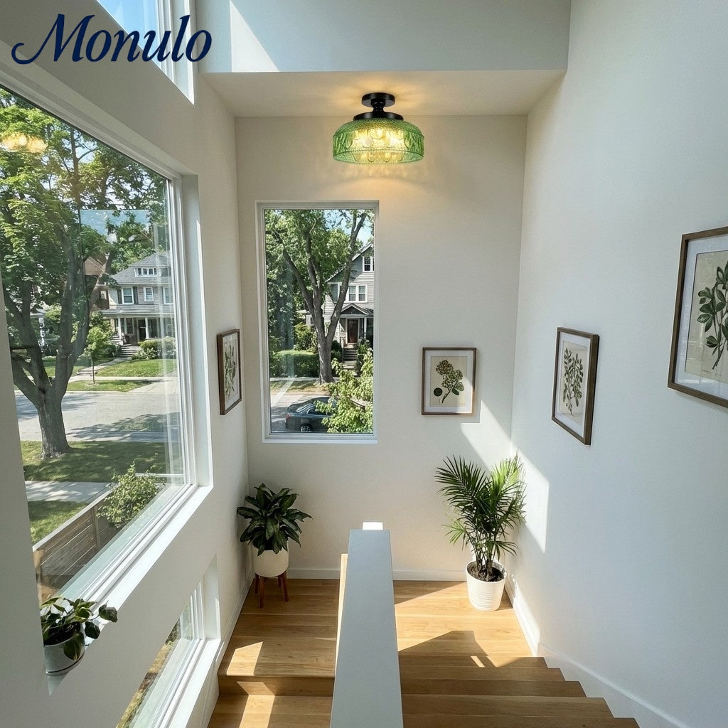 Plafonnier en verre côtelé avec fixation en métal | Éclairage minimaliste pour chambre et couloir