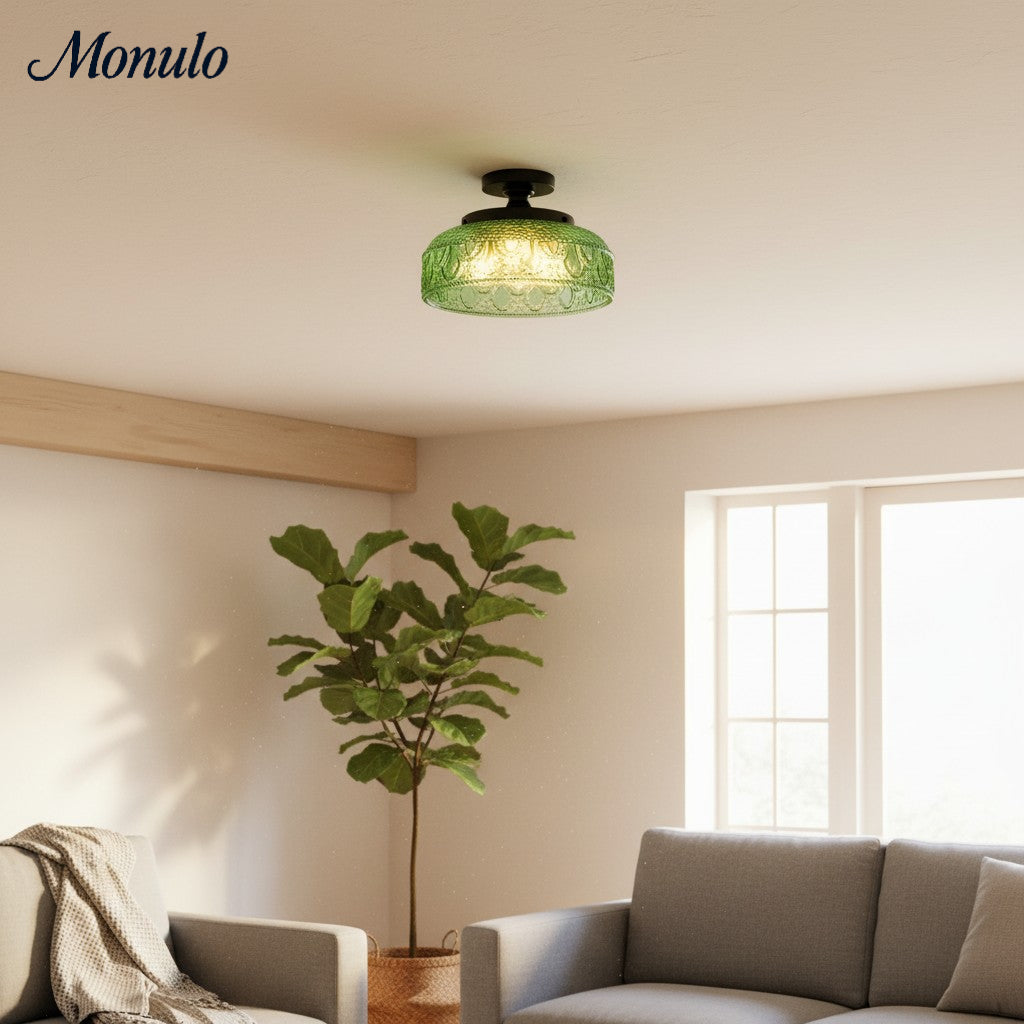 Plafonnier en verre côtelé avec fixation en métal | Éclairage minimaliste pour chambre et couloir