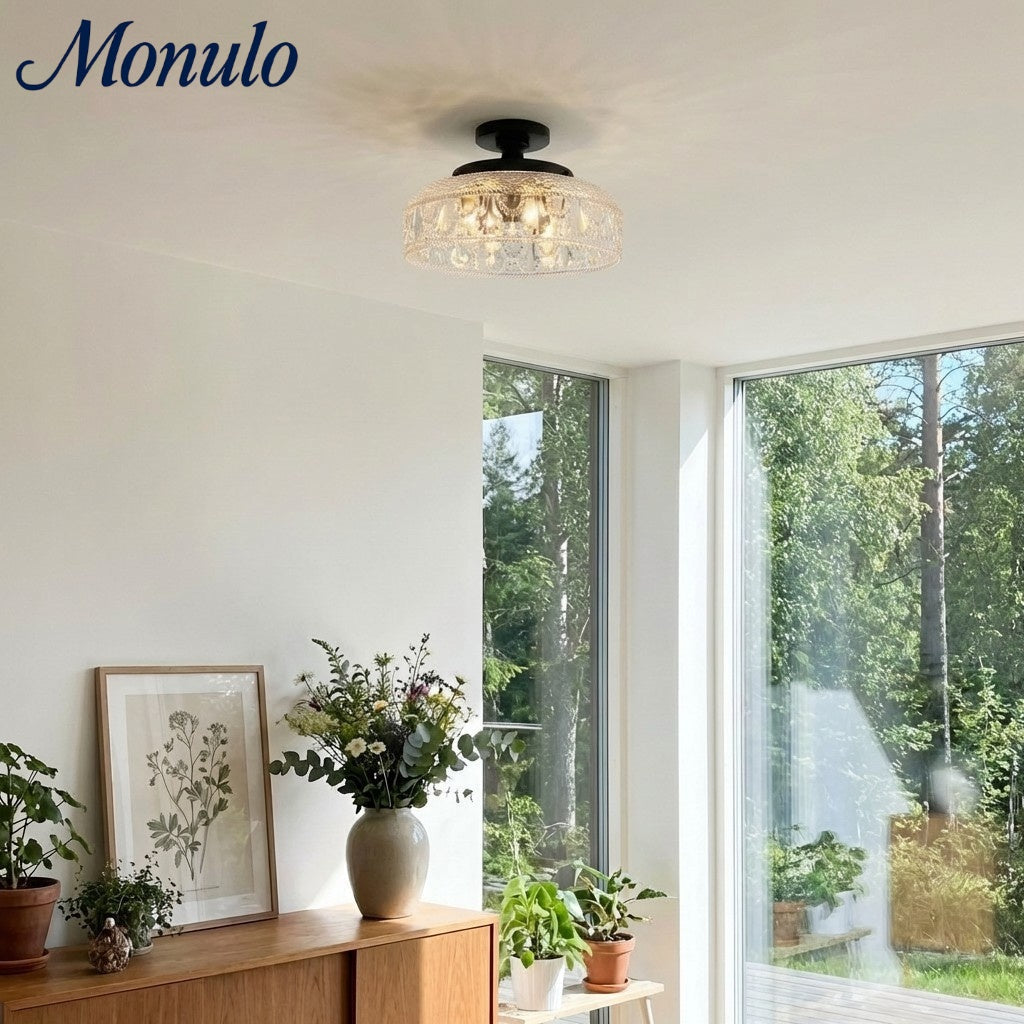 Plafonnier en verre côtelé avec fixation en métal | Éclairage minimaliste pour chambre et couloir