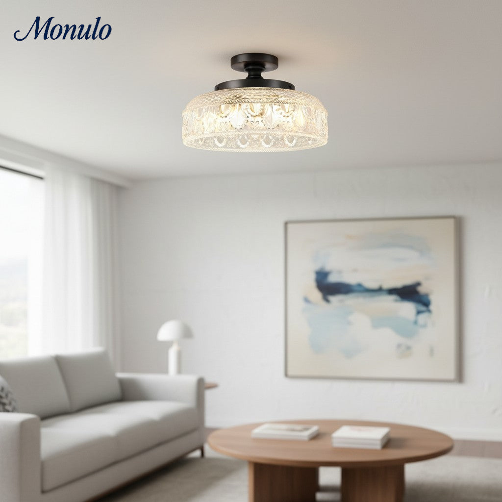 Plafonnier en verre côtelé avec fixation en métal | Éclairage minimaliste pour chambre et couloir