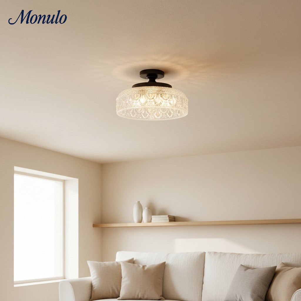 Plafonnier en verre côtelé avec fixation en métal | Éclairage minimaliste pour chambre et couloir