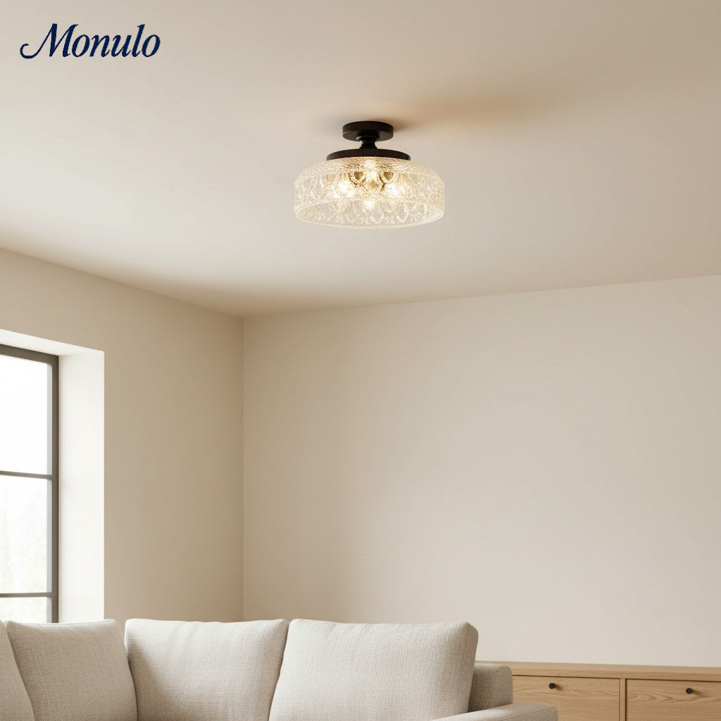 Plafonnier en verre côtelé avec fixation en métal | Éclairage minimaliste pour chambre et couloir