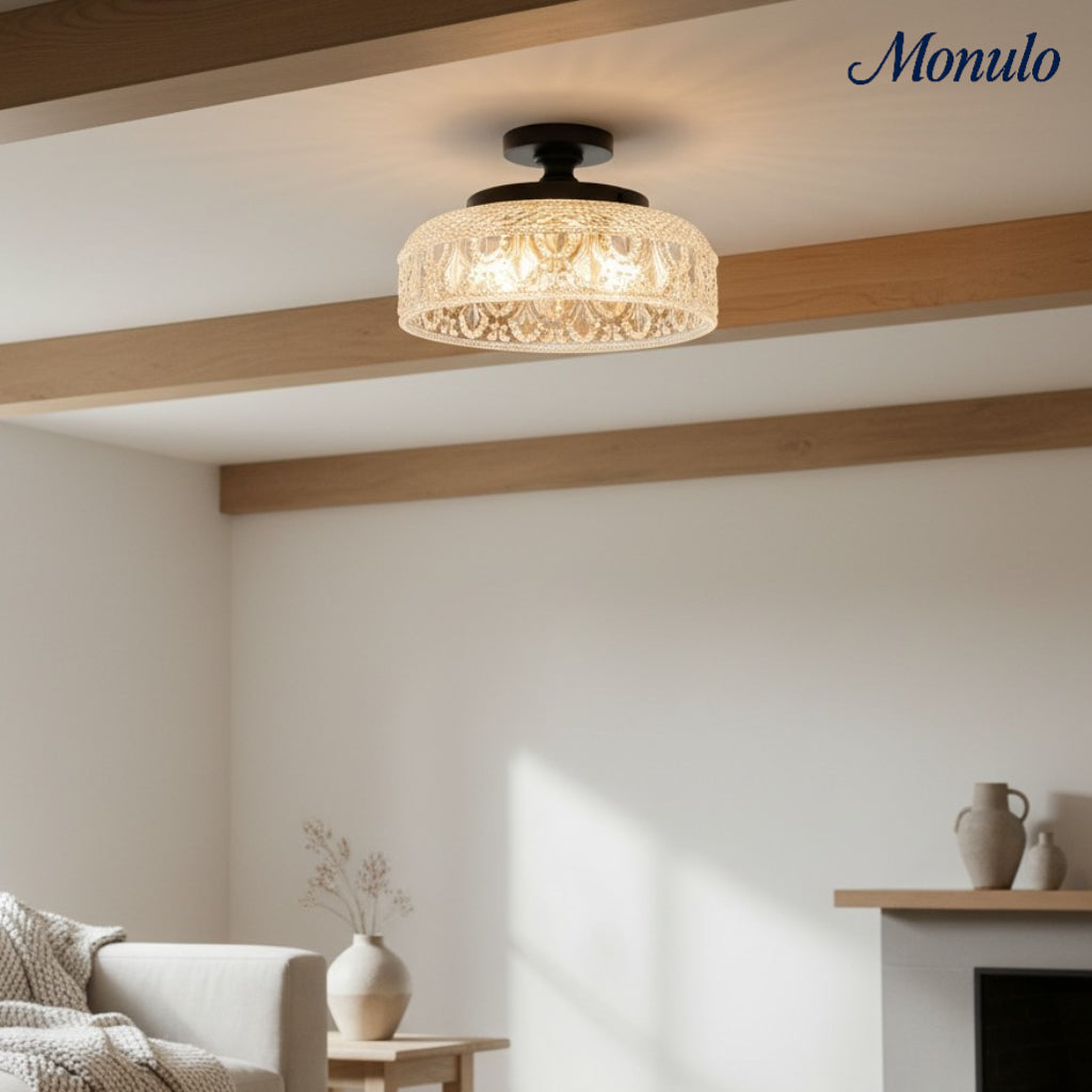 Plafonnier en verre côtelé avec fixation en métal | Éclairage minimaliste pour chambre et couloir