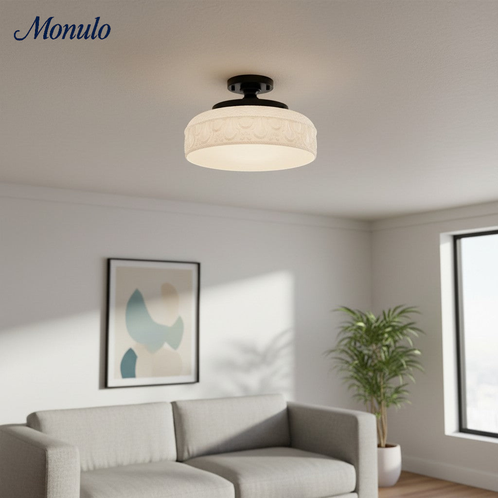 Plafonnier en verre côtelé avec fixation en métal | Éclairage minimaliste pour chambre et couloir