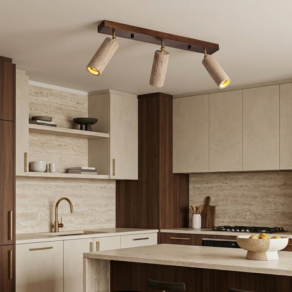 Plafonnier industriel en bois et béton avec spots orientables