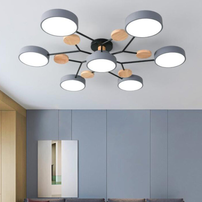 Plafonnier LED moderne au design scandinave moléculaire, fer, acrylique et bois, 4 à 7 lumières, lumière blanche chaude 