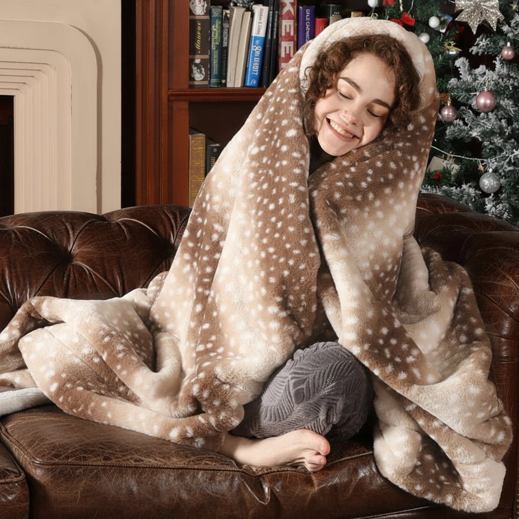 Plaid réversible en peluche motif cerf, toucher fausse fourrure double face