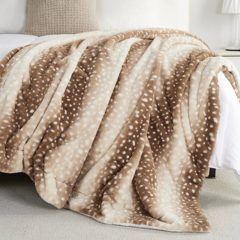 Plaid réversible en peluche motif cerf, toucher fausse fourrure double face