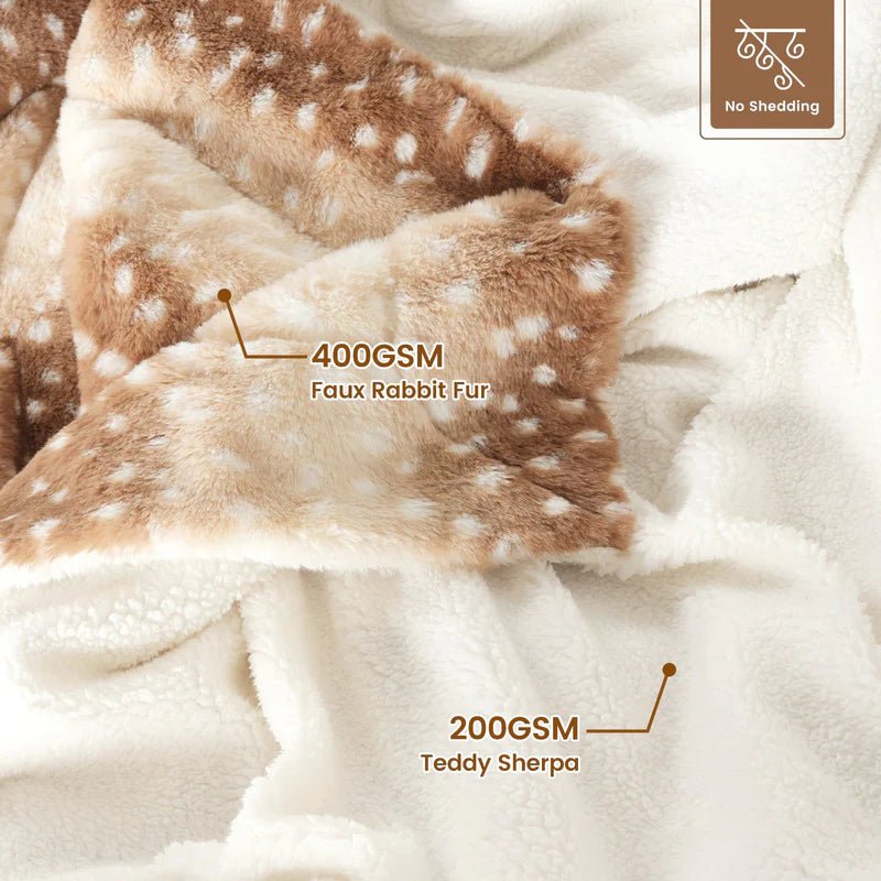Plaid réversible en peluche motif cerf, toucher fausse fourrure double face