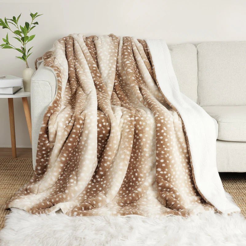 Plaid réversible en peluche motif cerf, toucher fausse fourrure double face