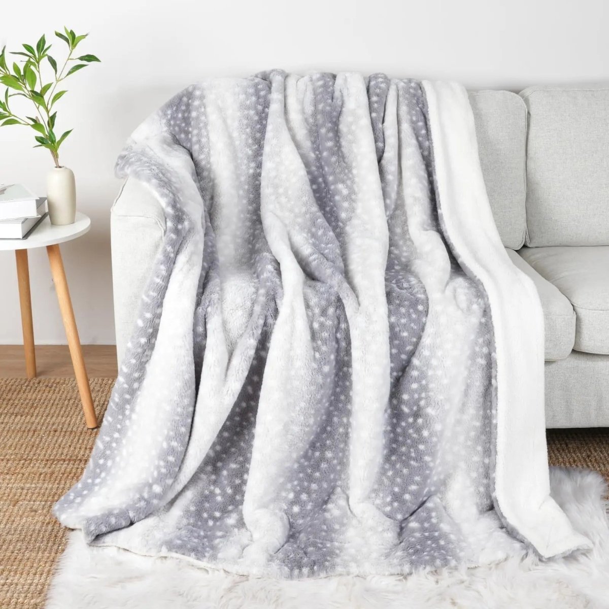 Plaid réversible en peluche motif cerf, toucher fausse fourrure double face