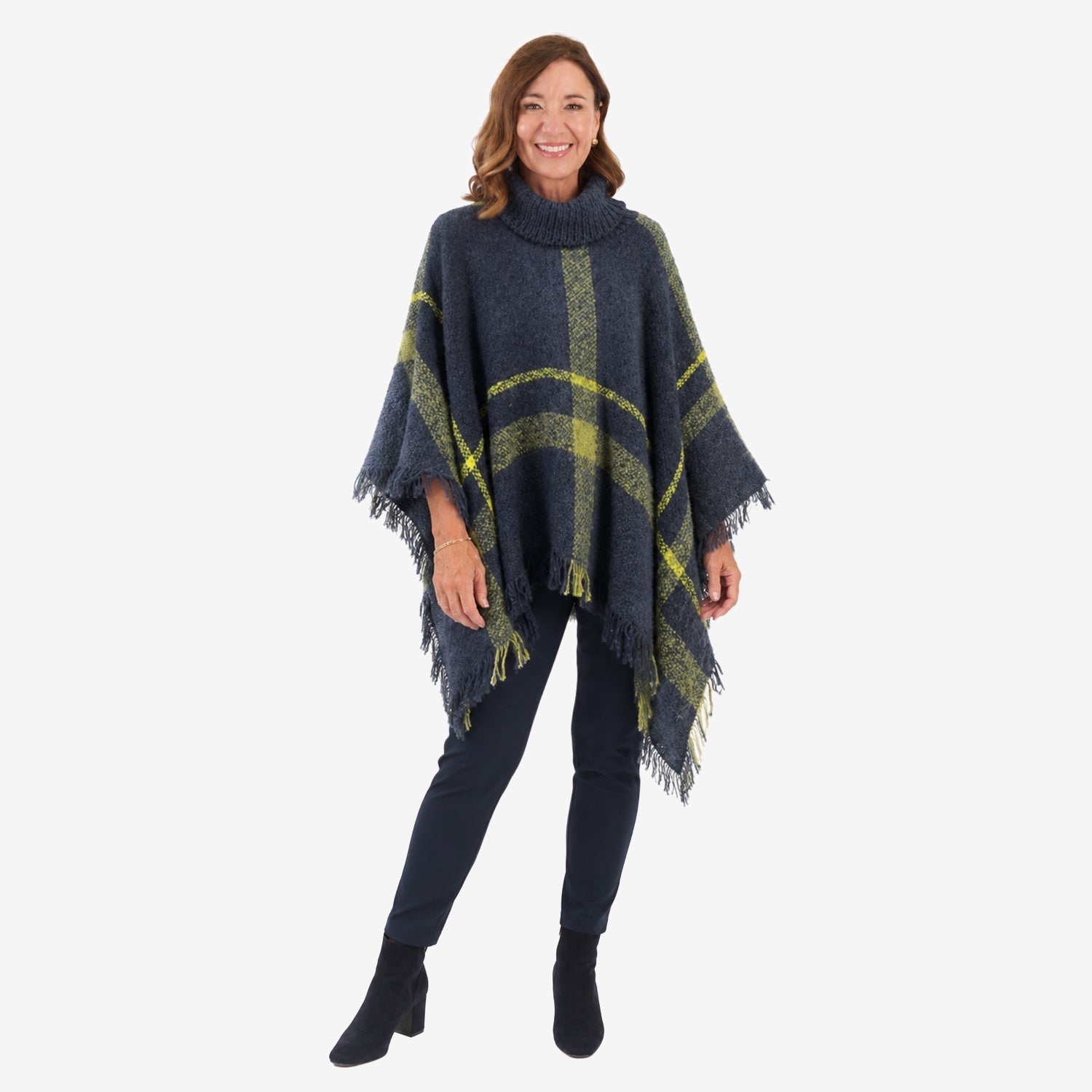 Poncho à carreaux tweed Sugar Crisp pour femme avec col roulé et ourlet à franges